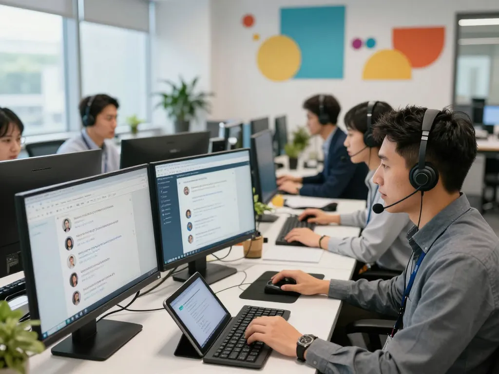 团队在生动的办公室环境中使用易翻译进行双语客户支持和实时翻译。