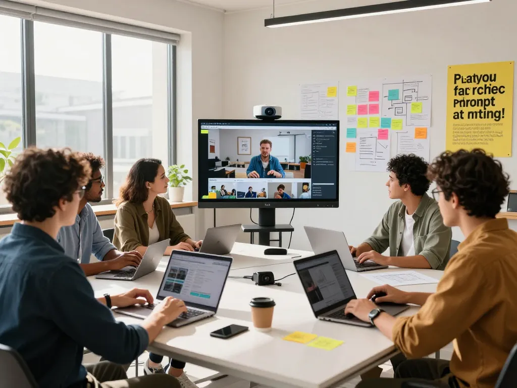 Creative team collaborating in a modern workspace using video to prompt technology.