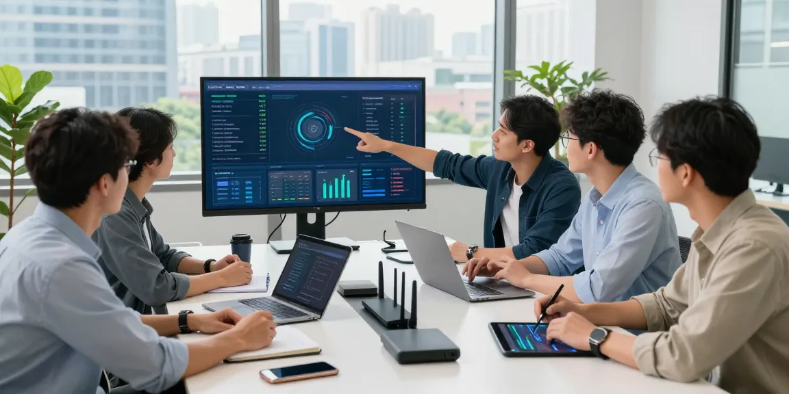 Business IT support professionals collaborating in a modern workspace, discussing data analytics and strategies.