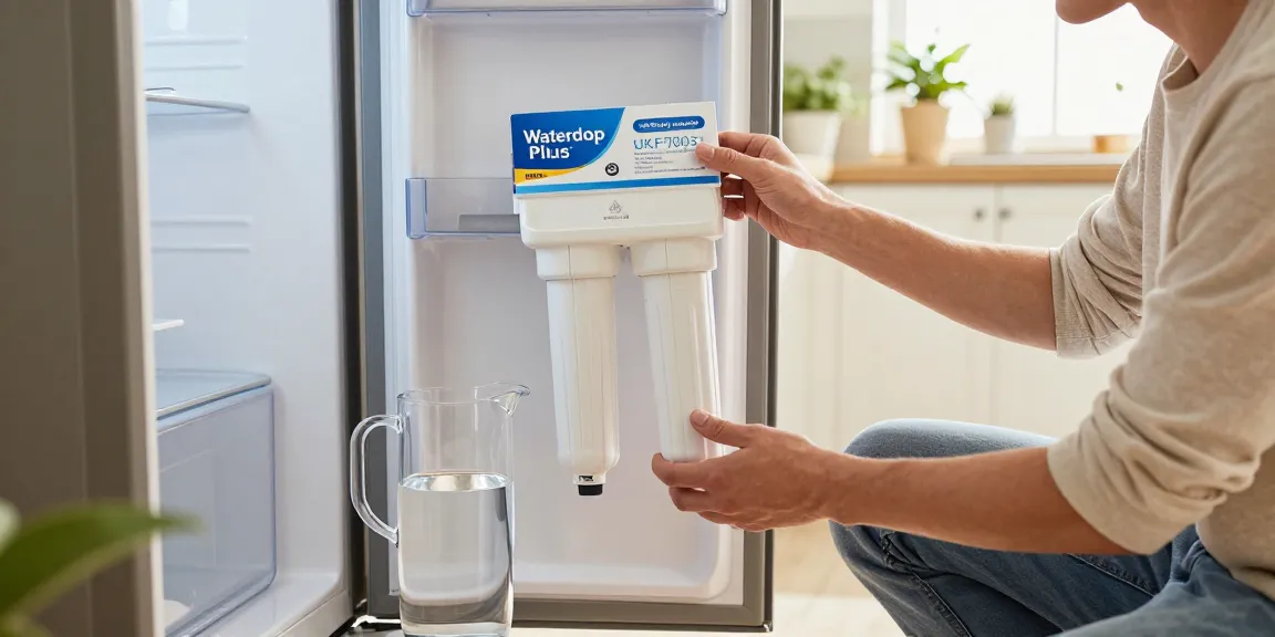 Replacing Waterdrop Plus UKF7003 Replacement for Maytag® UKF7003 in a bright kitchen setting, featuring fresh water pitcher.
