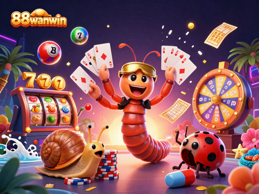Engage with 88wanwin's lively casino scene featuring a millipede dealer, high-roller snail, and bursting lottery elements.