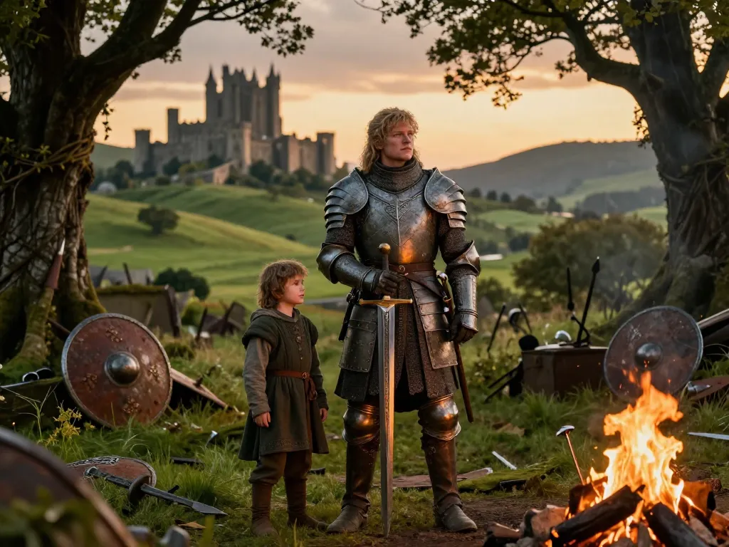 Knight of the Seven Kingdoms scene featuring Ser Duncan the Tall and Egg in a lush fantasy landscape.