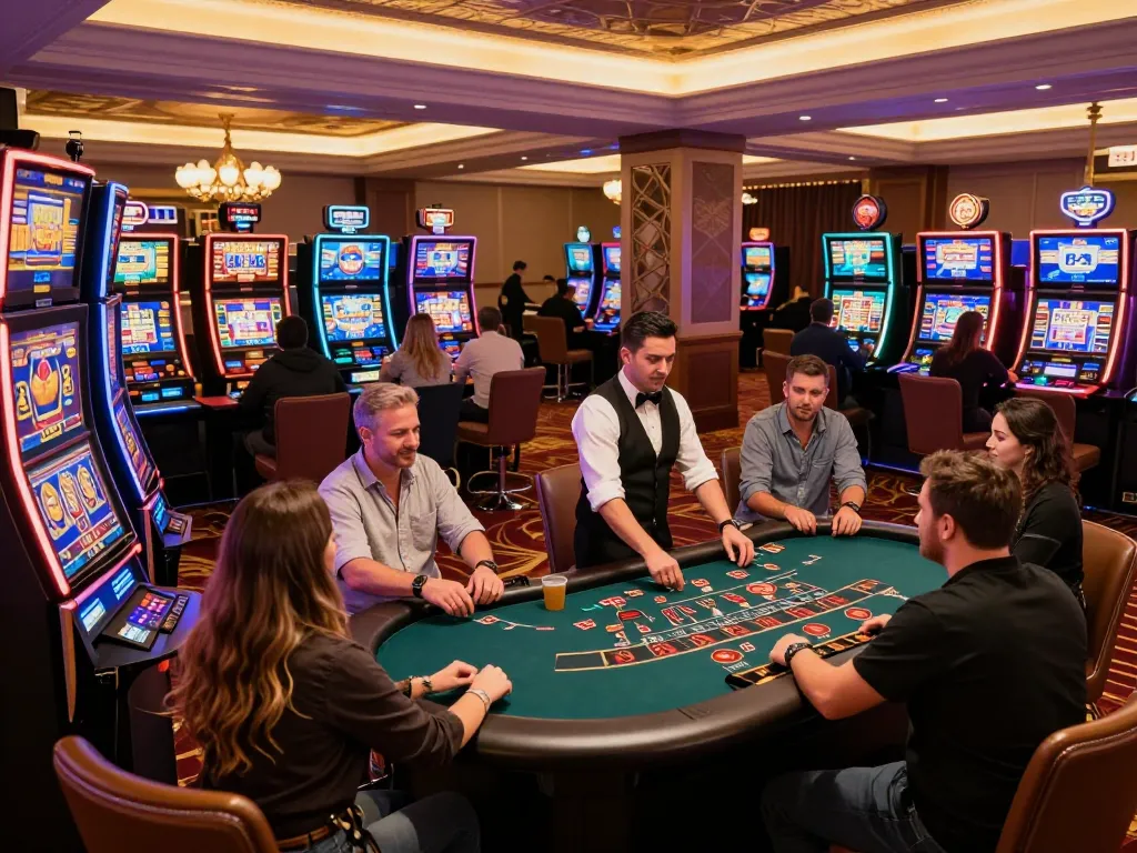 Players enjoying a thrilling gaming experience at TG88 casino with vibrant slot machines and blackjack tables
