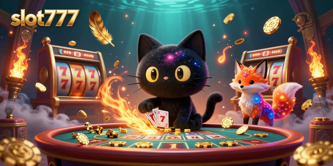 Engage with slot777’s vibrant slot scene featuring a black hole cat and nebula fox in action.