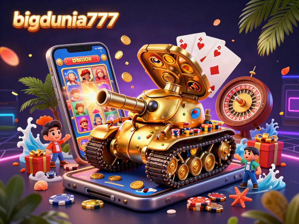 Experience bigdunia777's vibrant slot gaming action with a colorful casino tank illustration.