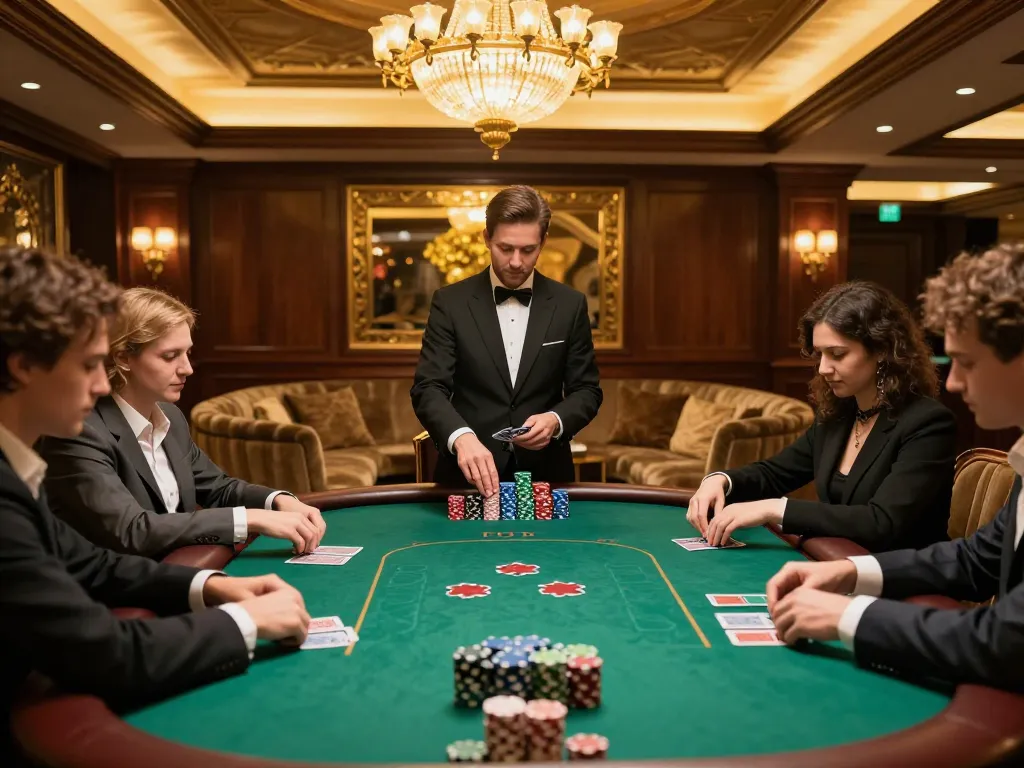Engaged players in a luxurious poker game at RR88co's upscale lounge, showcasing the excitement and strategy of high-stakes gaming.