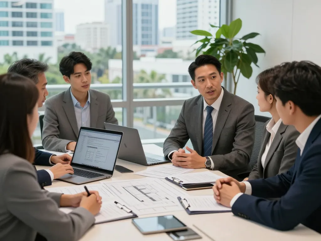 Boca Raton Construction Litigation Lawyer consulting contractors on legal strategies and project documents in a modern office.
