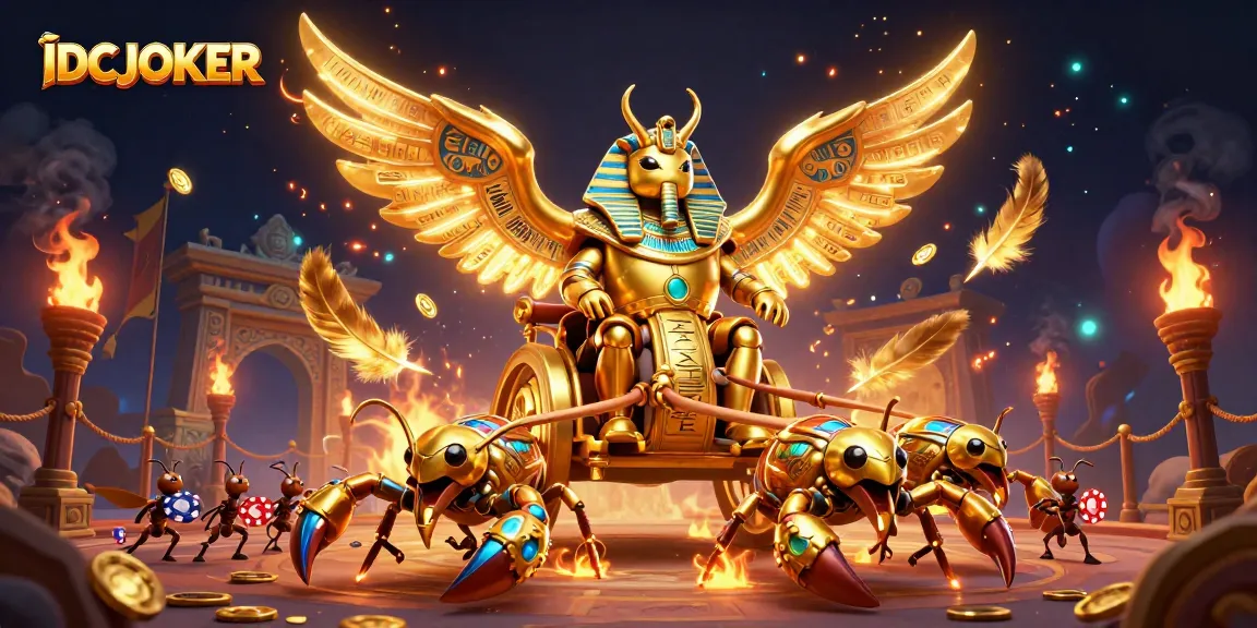 Engage with IDCJOKER through a vibrant, dynamic casino illustration featuring golden scarabs and betting tokens.