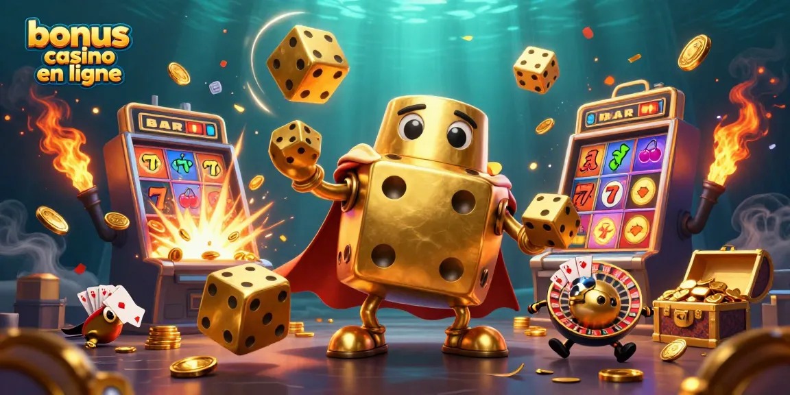 Profitez de l'excitation des jeux de casino avec un bonus casino en ligne, entouré de dés dorés et de machines à sous.