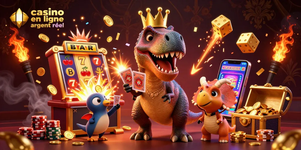 Découvrez un T-Rex jouant aux cartes dans un casino en ligne argent réel dynamique.