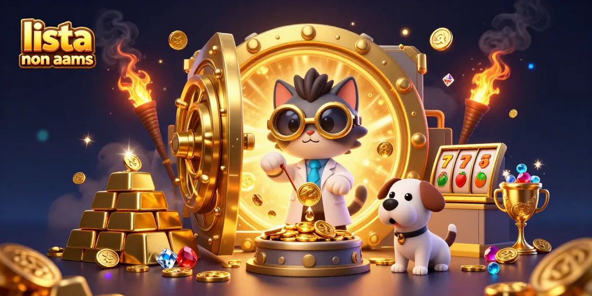 Interagisci con la lista casino non aams caratterizzata da un'illustrazione 3D vibrante di un gatto scienziato pazzo e un cane leale in un laboratorio del tesoro.
