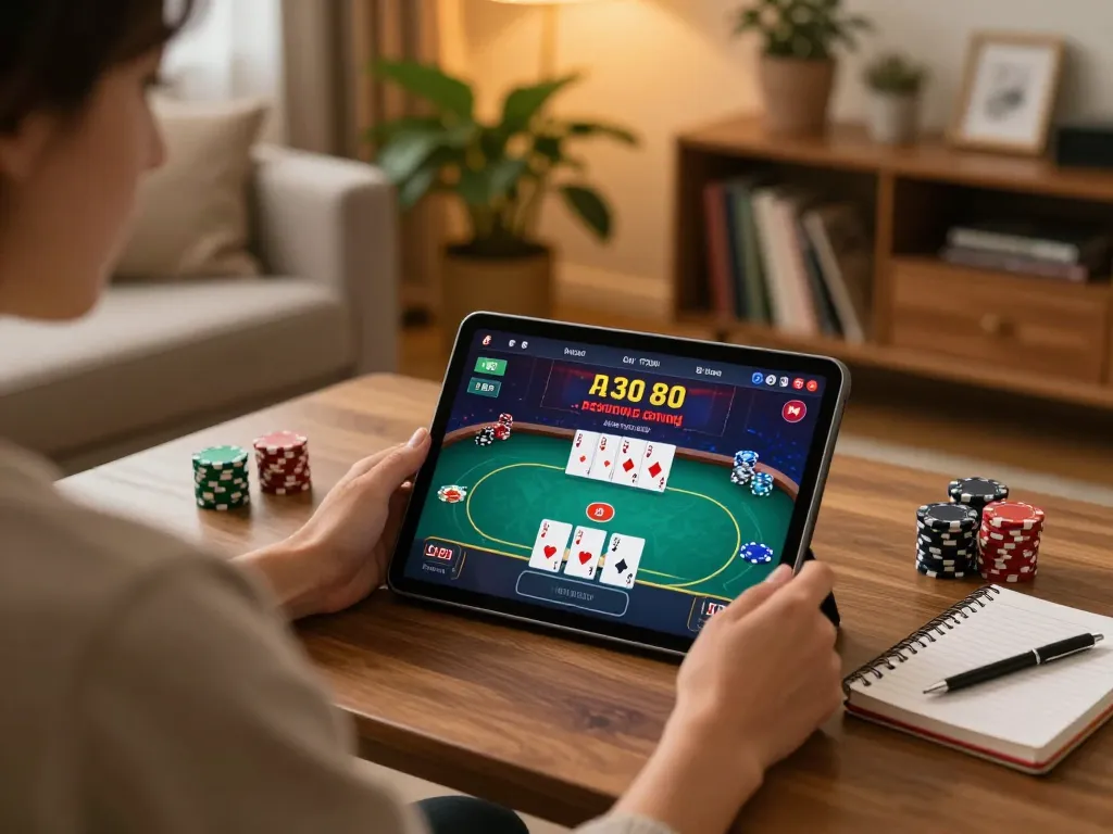Enjoying online gambling on 78wingo, showing poker strategies in a cozy home setting