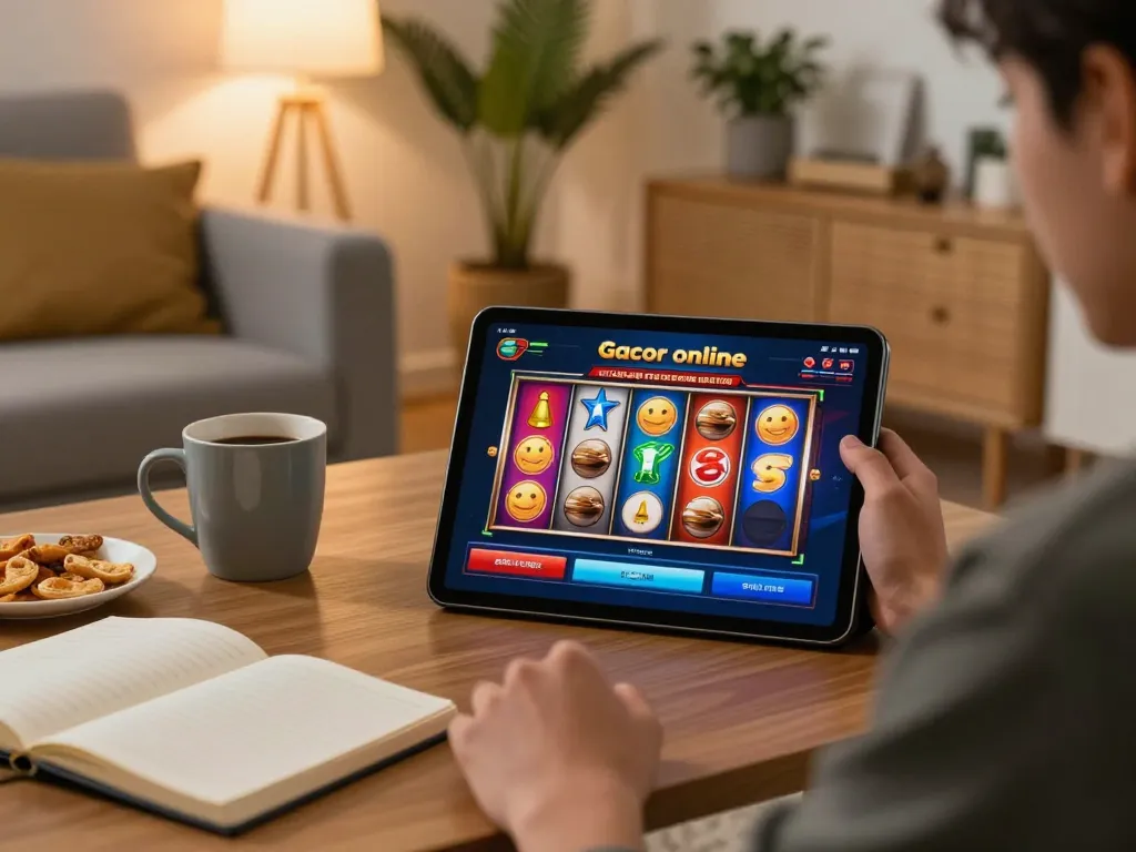 Engaging gameplay of slot gacor displayed on tablet in a cozy home ambiance, promoting strategic online gaming