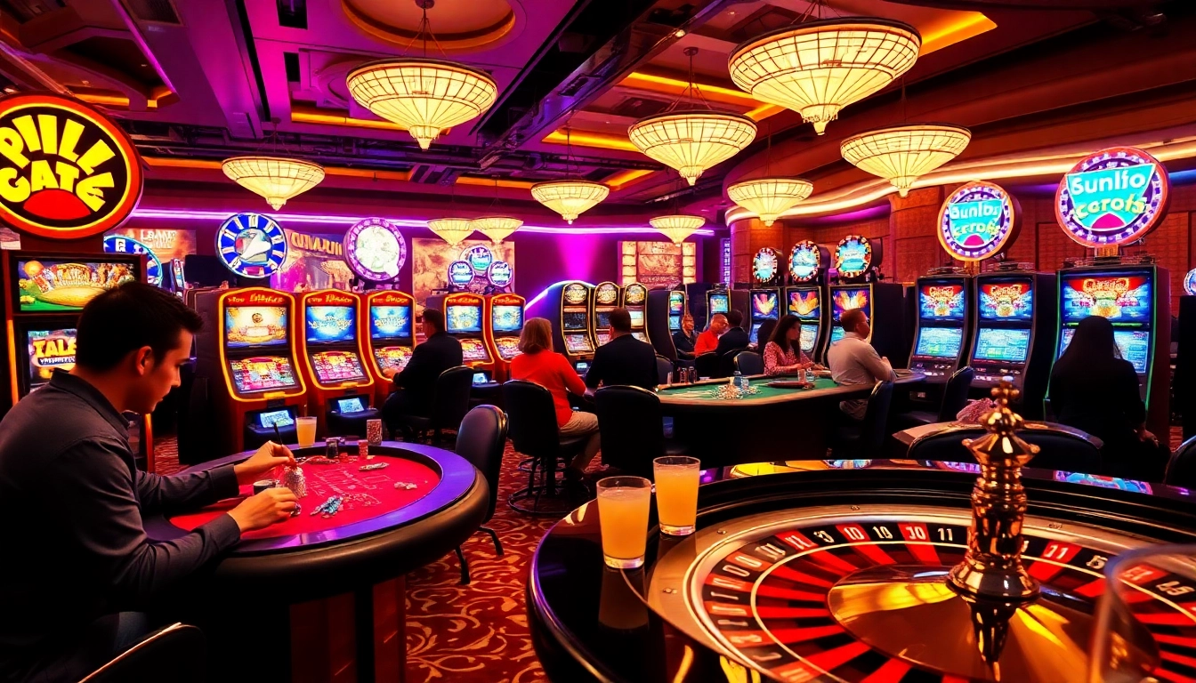 Players enjoying the Non gamstop Casino Uk scene with vibrant slot machines and roulette tables.
