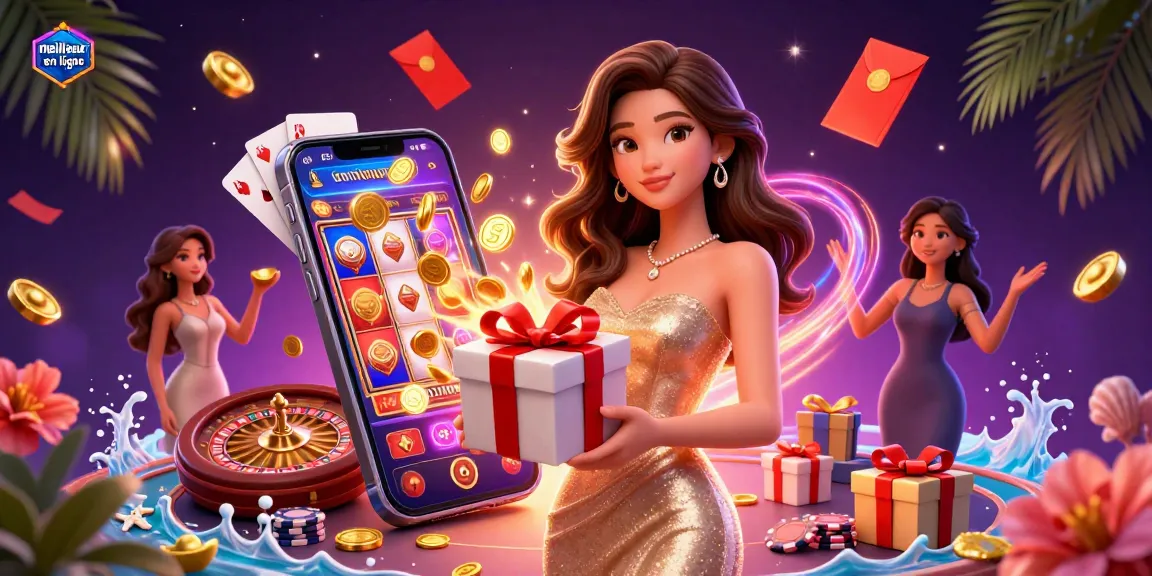 Engage with the excitement of meilleur casino en ligne featuring a stunning woman celebrating with golden coins and casino elements.