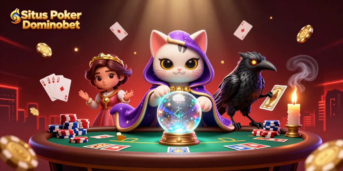Situs Poker Dominobet - Experience thrilling poker action with rich visuals of cards and chips in an enchanting scene.
