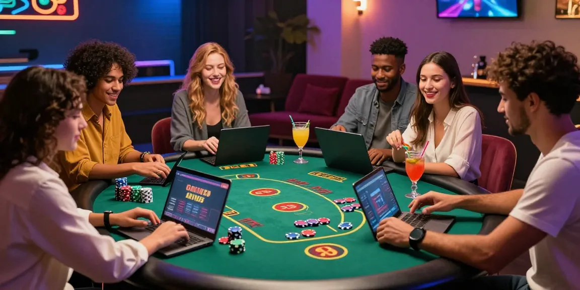 Groupe d'amis passionnants profitant d'une expérience de jeu de casino en ligne fiable avec des boissons vibrantes et une ambiance électronique.