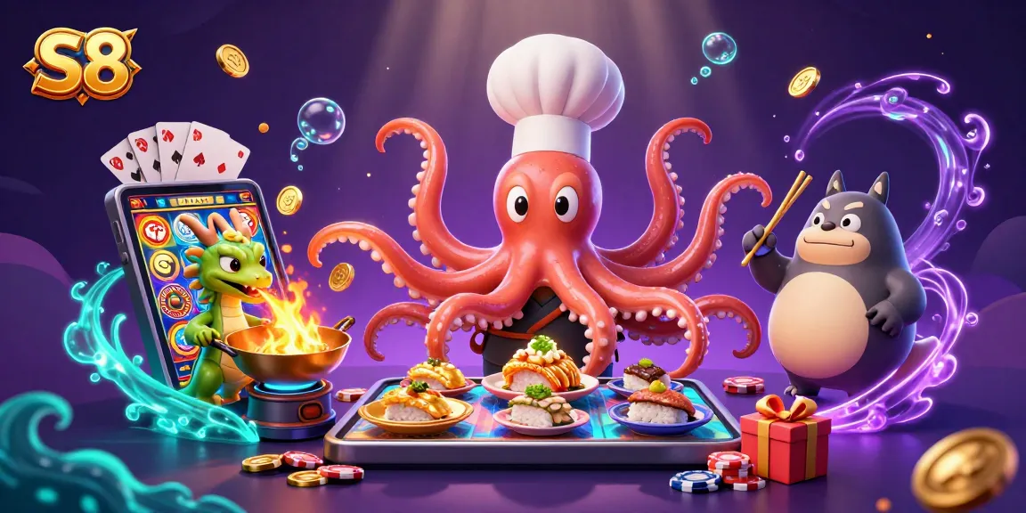 Experience thrilling wins at S8 with the vibrant sushi chef octopus and dragon, celebrating casino excitement.