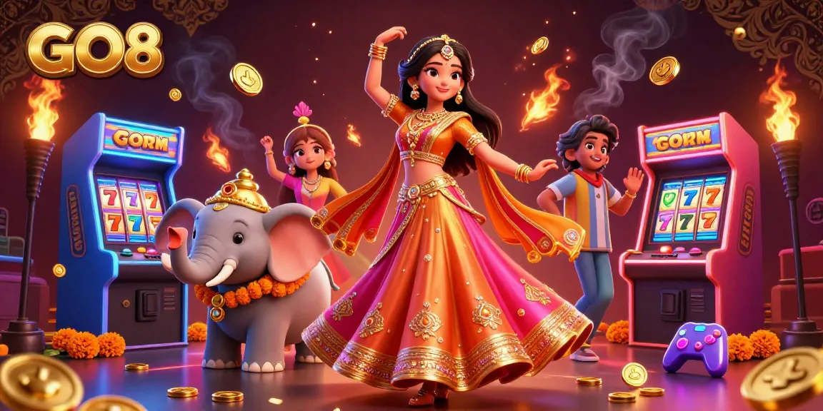 Engage with GO8's vibrant casino games alongside a beautifully dressed character in an energetic scene.