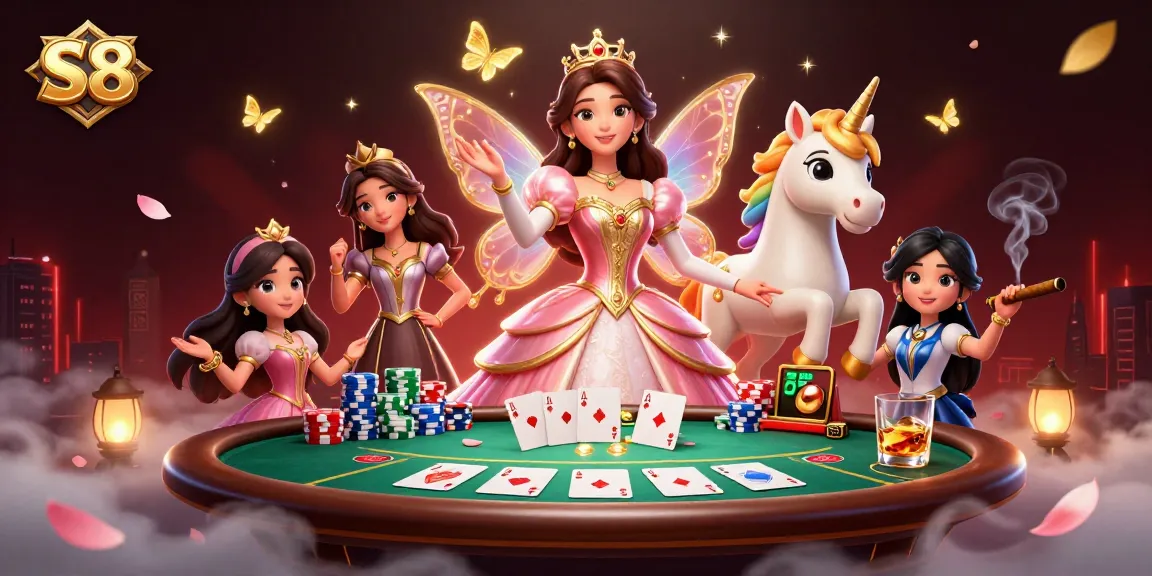 S8 casino event illustration featuring a glamorous Asian woman and golden unicorn surrounded by vibrant poker elements.