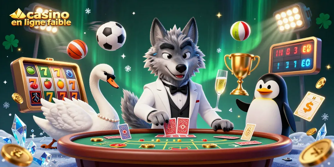 Vivez le plaisir au casino en ligne fiable avec une scène de casino 3D palpitante mettant en vedette un loup élégant.