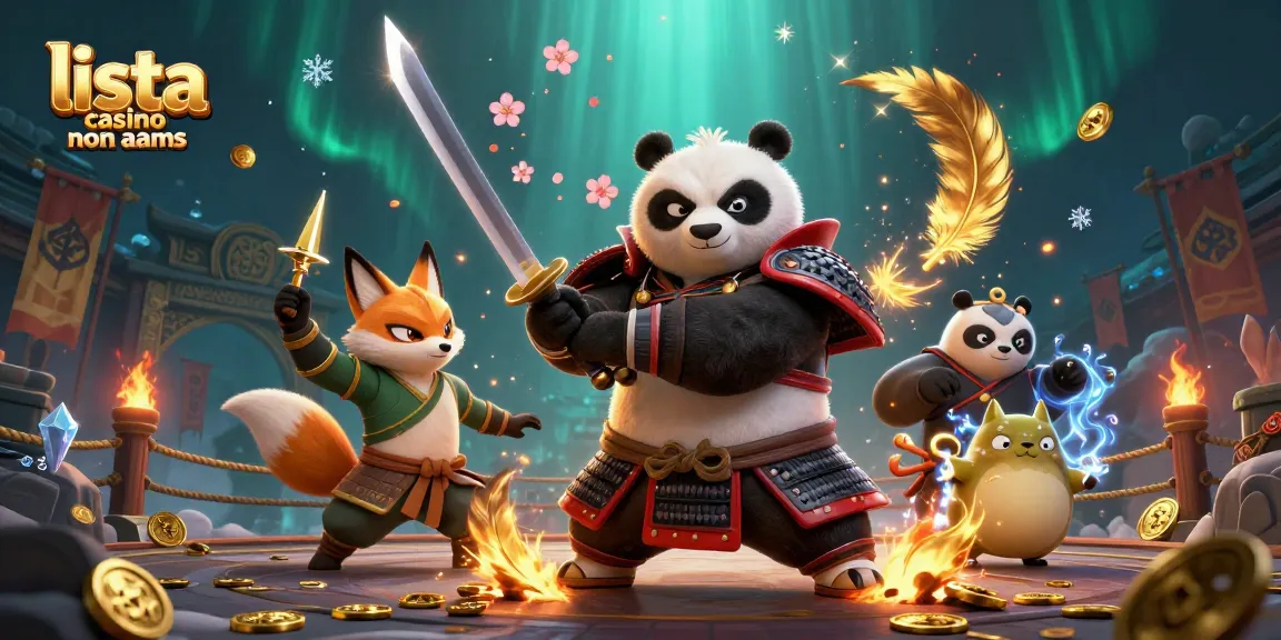 Illustrazione coinvolgente con personaggi dinamici che rappresentano la lista casino non aams con panda samurai, volpe ninja e tanuki magico.
