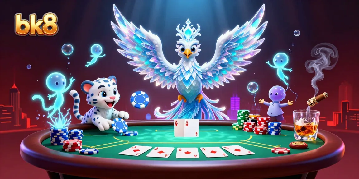 Engage with bk8's thrilling gaming atmosphere, highlighted by an ice phoenix and poker-themed elements featuring colorful stacked chips.