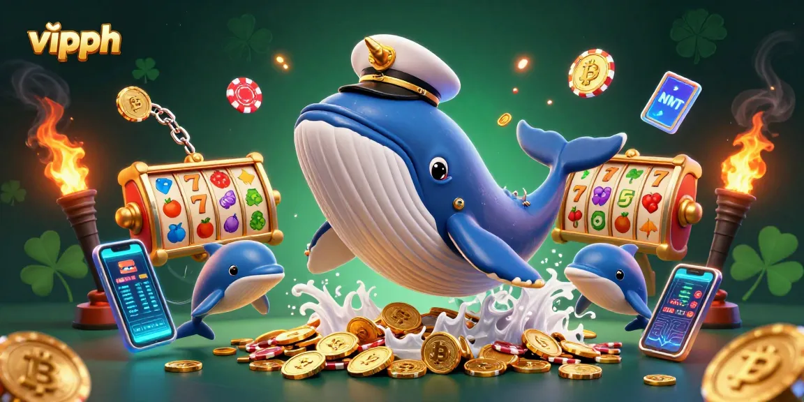 Engage with vipph through vibrant 3D casino artwork featuring a whale, narwhal, and dolphins.