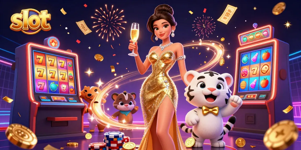 Spin and win at the slot machines with vibrant colorful reels and a lucky tiger in the spotlight.