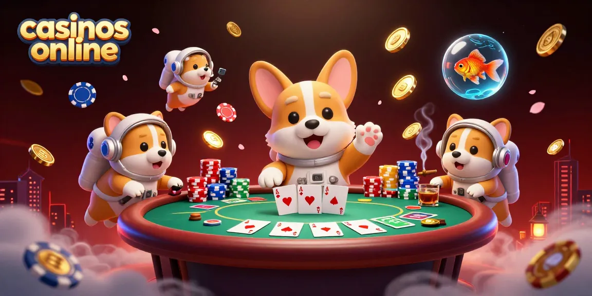 Juega en casinos online con un astronauta corgi en un casino espacial lleno de fichas y monedas doradas.