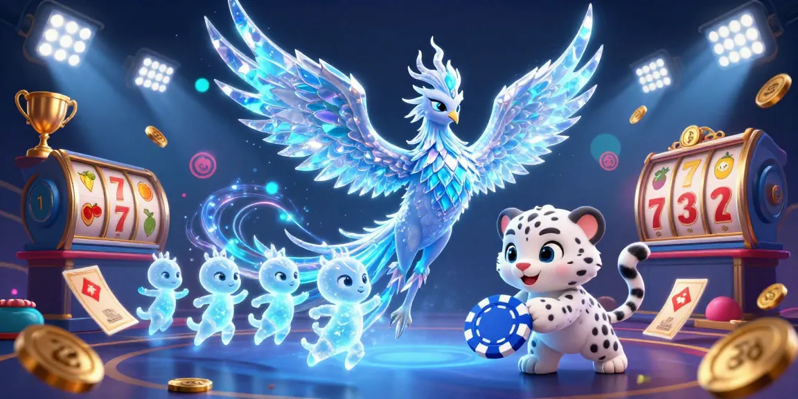 Experience Fun Adult Games with an ice phoenix, snow leopard, and vibrant casino elements