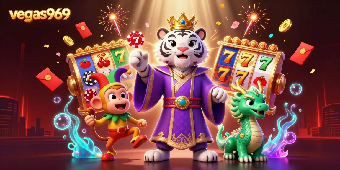 Experience thrilling wins with vegas969 in a vibrant, richly detailed casino scene featuring slot reels and playful characters.