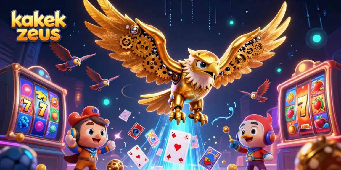 Kakek Zeus diving through a cascade of playing cards with slot game elements in a vibrant casino illustration.