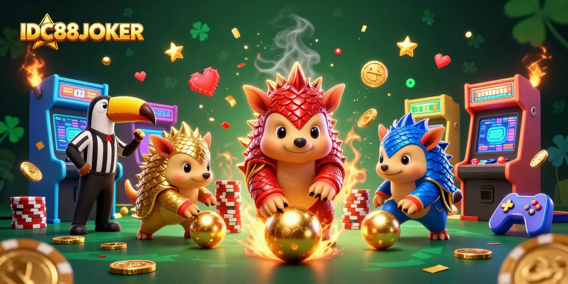Play thrilling games and win big with IDC88JOKER in a colorful casino scene featuring dynamic pangolins and vibrant game elements.