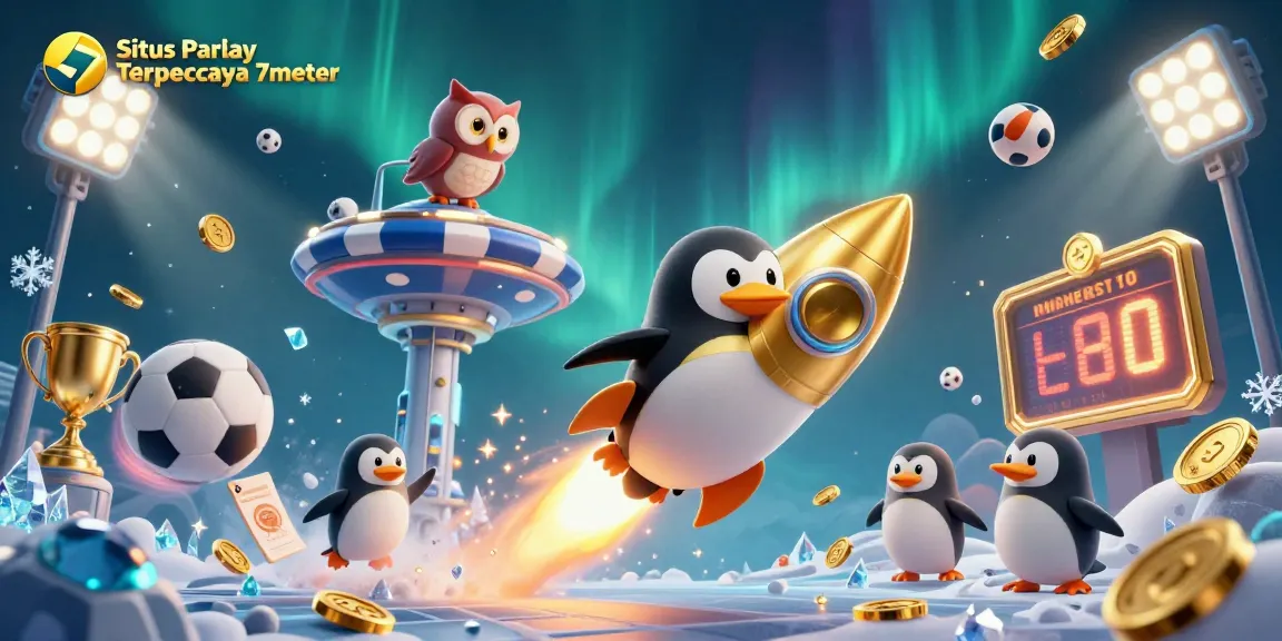 Experience Situs Parlay Terpercaya 7meter with our dynamic 3D illustration featuring sports betting elements and a golden penguin.