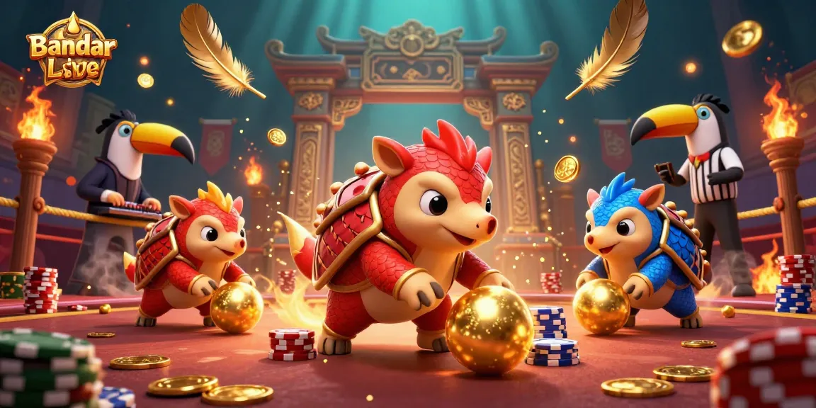 Experience thrilling action at Bandar Live Casino with lively pangolins bowling through poker chips amidst golden casino treasures.