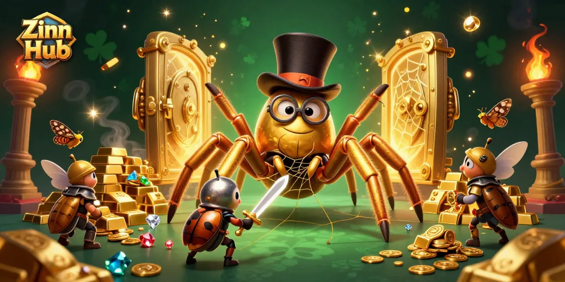 Zinn Hub promotes a captivating casino scene with a spider weaving gold and a beetle knight.
