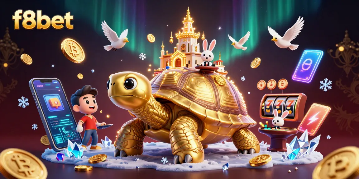 Experience the vibrant casino world of f8bet, with golden tortoise features and 3D slot elements.