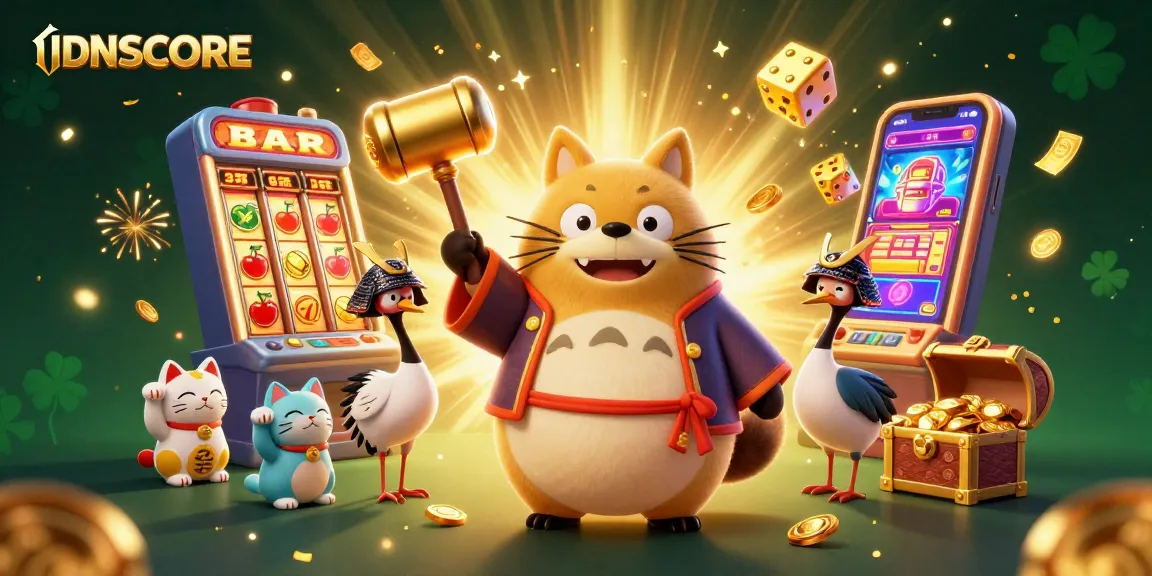 Experience gaming excitement at IDNSCORE with a lively 3D casino scene featuring colorful characters and vibrant elements.