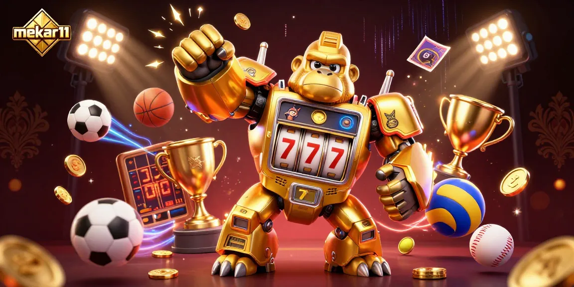 Mekar11 showcases a dynamic 3D illustration featuring a golden gorilla mech with explosive coins, embodying online gambling excitement.