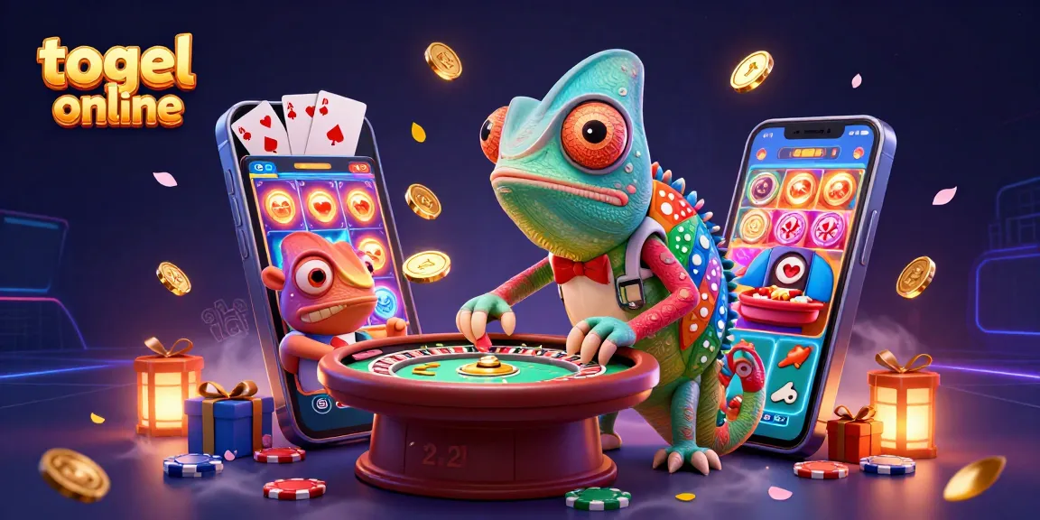 Engage in thrilling togel online gameplay with vibrant chameleon imagery and dynamic casino elements.