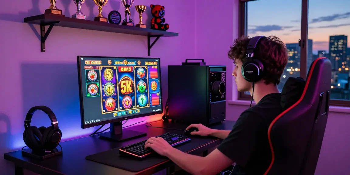 Engaging player enjoying slot modal 5k gaming in a vibrant setup with colorful LED lights and accessories.