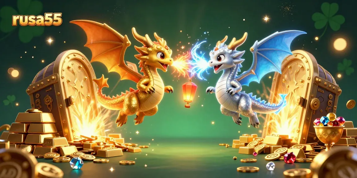 Experience a thrilling game at rusa55 with twin dragons unleashing fire and ice amidst treasures.