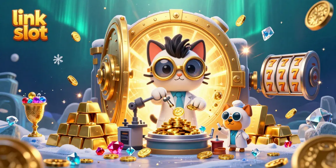 Engage with dynamic link slot action featuring a cartoon scientist and dog amidst flying gold coins and slot elements.