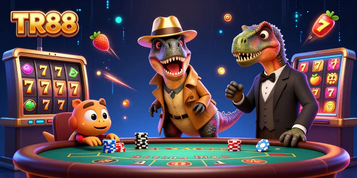 Experience thrilling casino action as TR88 features a velociraptor card counter at a blackjack table.