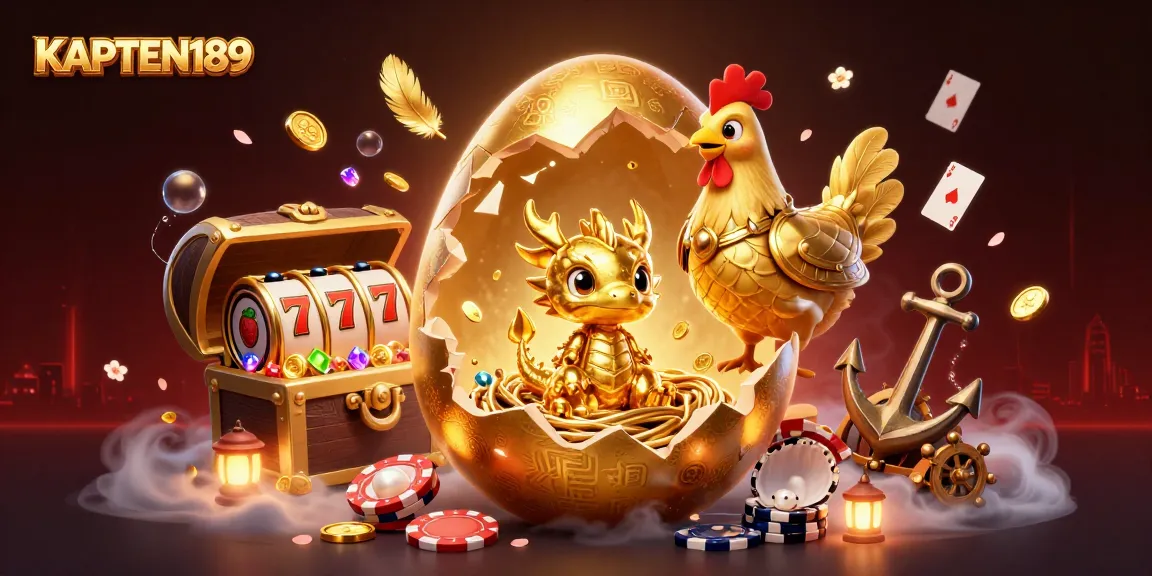 KAPTEN189 menyajikan keajaiban dalam ilustrasi slot dengan naga emas, chip poker, dan simbol permainan menyebar.