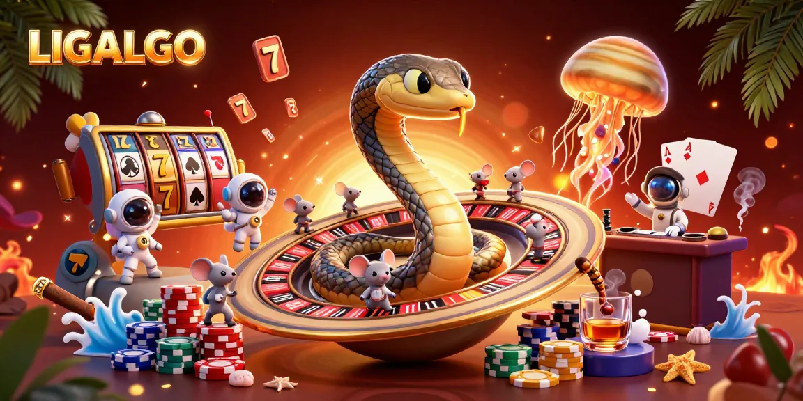 LIGALGO showcases an animated scene of a Saturn ring snake, whimsical astronaut mice betting, and a cosmic jellyfish dealer.