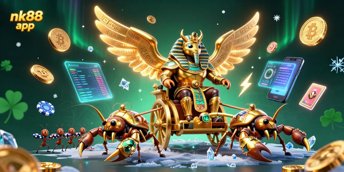 Spin and win with the nk88 app in a vibrant 3D casino adventure featuring golden beetles and crypto coins.