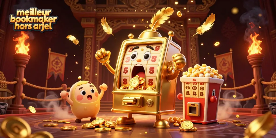 Meilleur bookmaker hors ARJEL : machine à sous dorée célébrant un jackpot au milieu d'une ambiance festive.