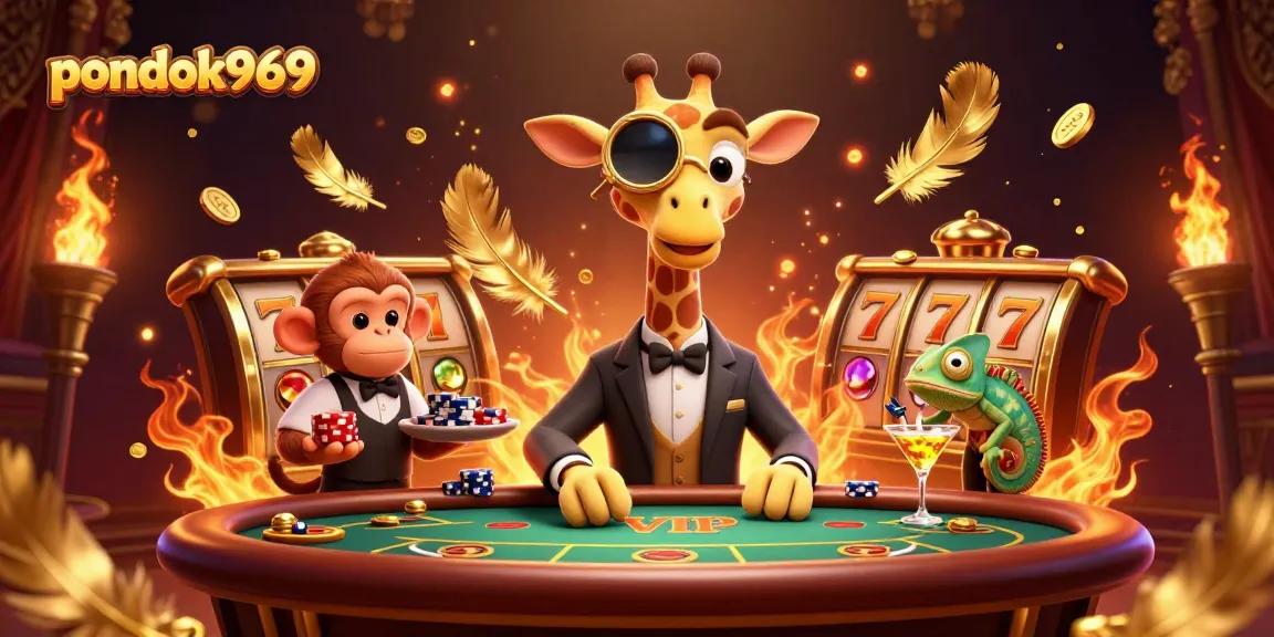 Pondok969 showcases a thrilling casino scene with a high-roller giraffe, dynamic slot elements, and vibrant golden tokens.
